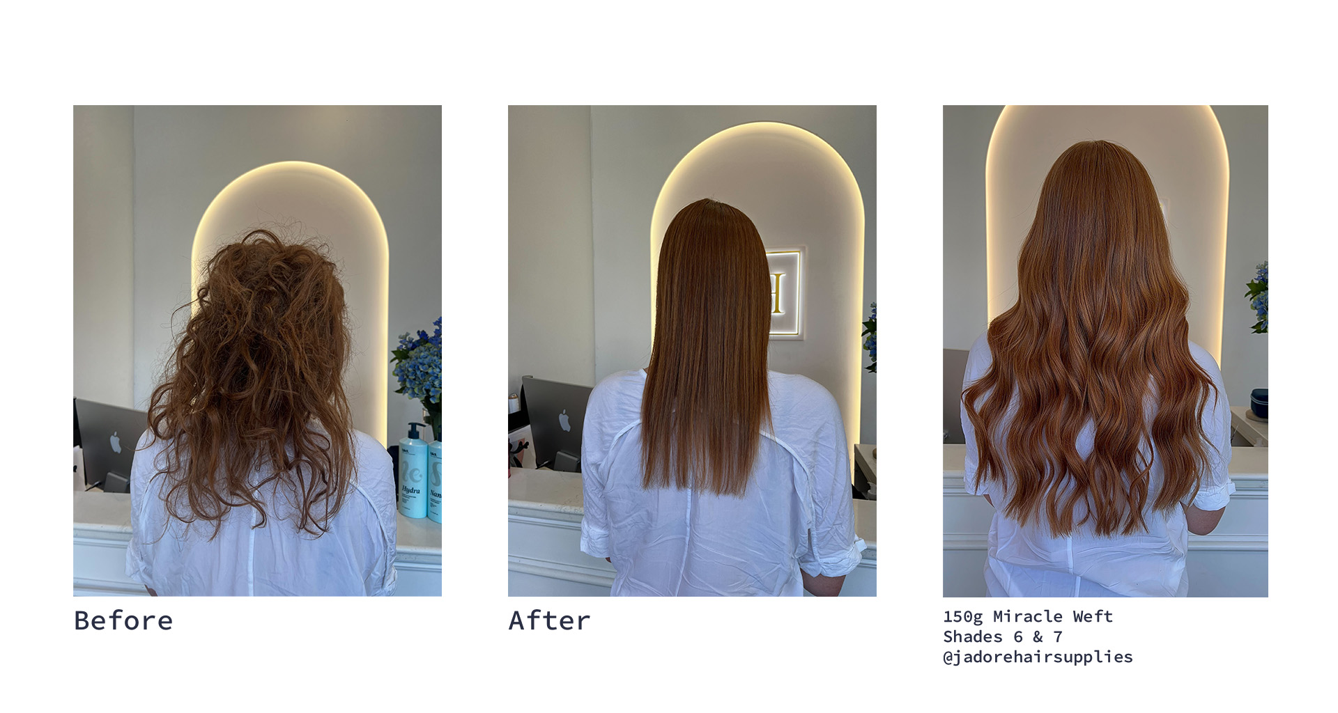 Before and after of a female customer having a nano plasticity treatment and getting 150g of miracle weft installed