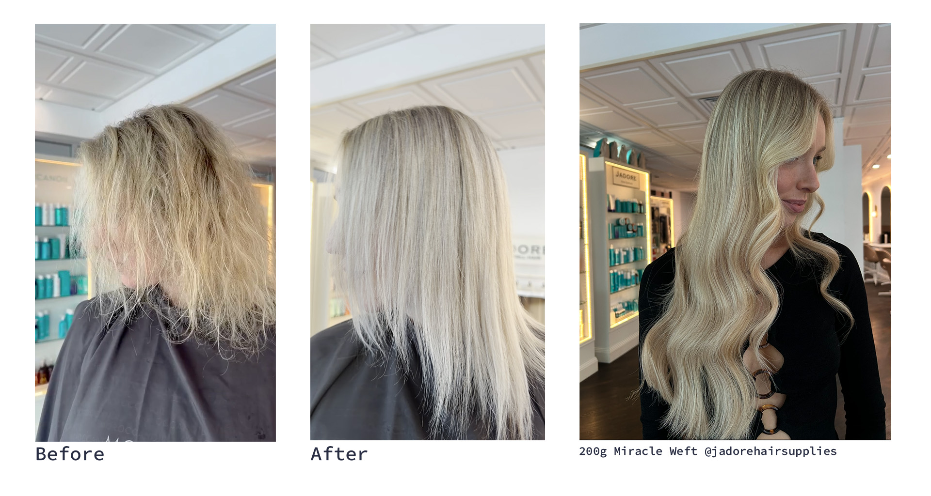 Woman showing before and after treatment with nano plasticity and then getting miracle weft installed by jadore hair supplies
