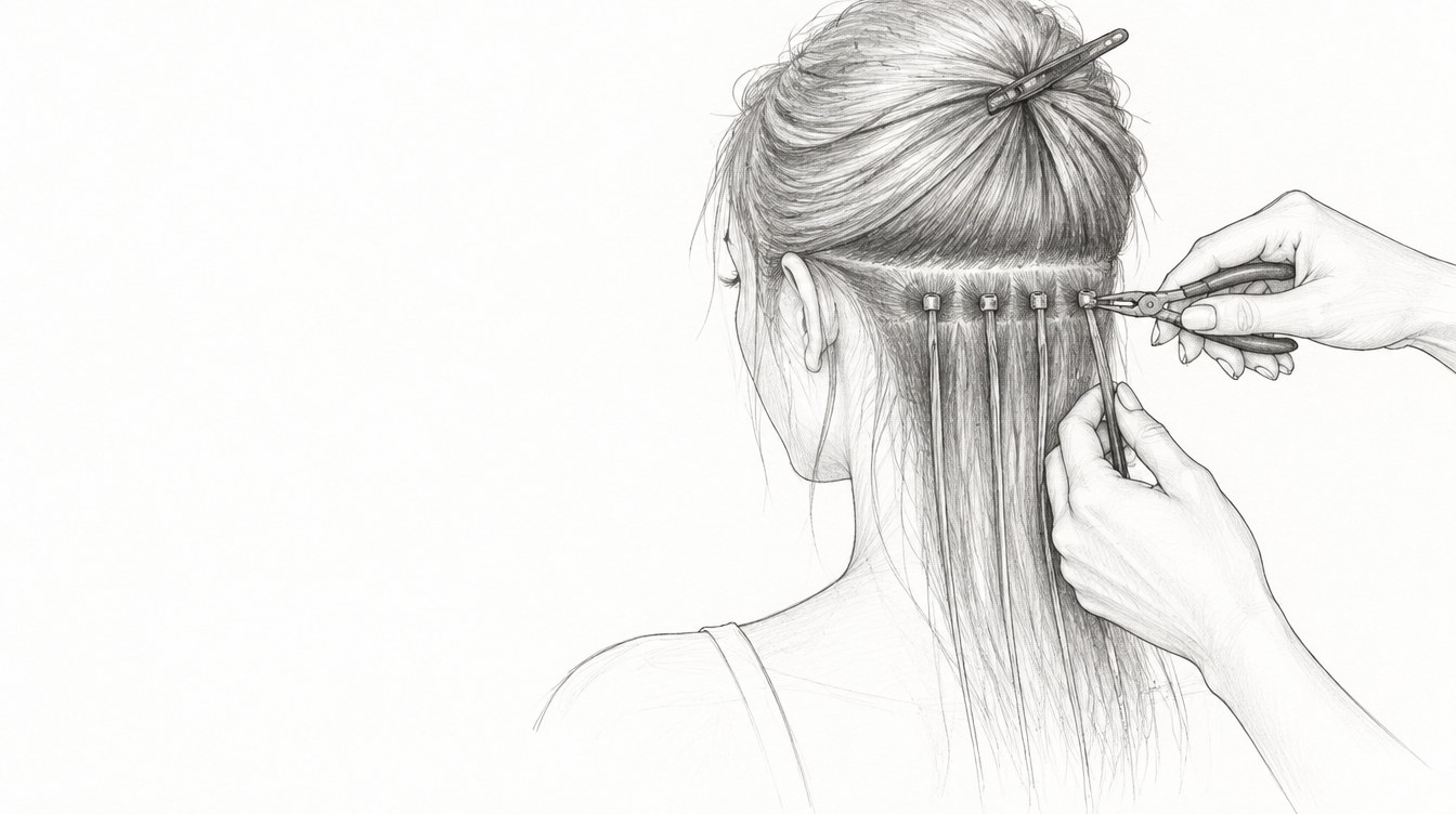 Illustration of individual micro bead hair extension strands being clamped at the scalp with pliers on sectioned hair